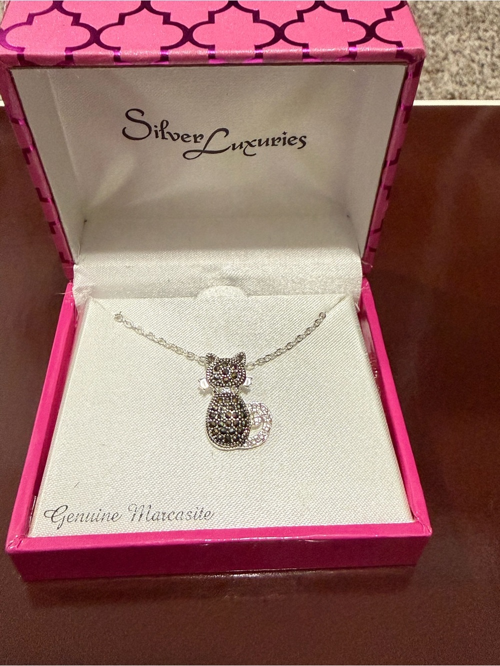 Kohl's Silver-Tone Cat Pendant Necklace with Black Marcasite Accents